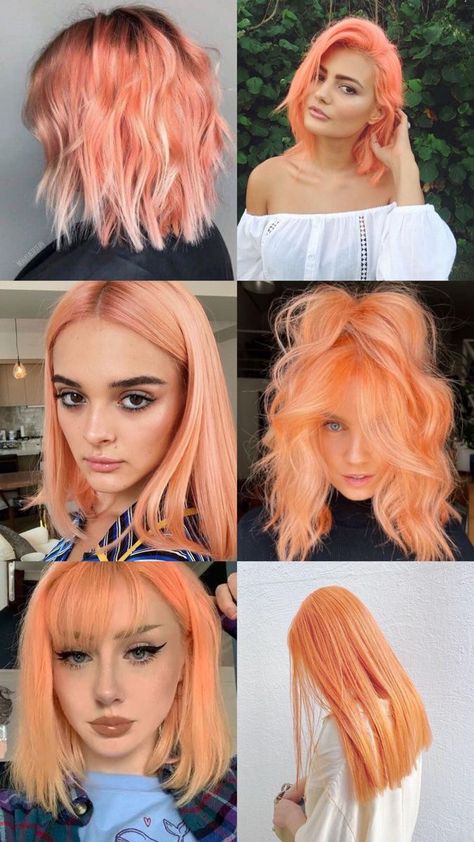 Hair Color Orange Blonde, Peach Pink Copper Hair, Peach And Copper Hair, Peach Coral Hair, Coral Blonde Hair, Peach Hair Dark Roots, Creamsicle Hair, Coral Orange Hair, Orange Pink Hair