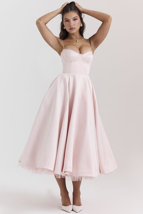 Clothing: Midi Dresses: 'Mademoiselle' Ballerina Pink Corset Sundress Corset Sundress, Bridesmaid Tulle, Midi Gowns, Tulle Midi Dress, Ballerina Pink, Pink Corset, Tulle Sleeves, Ballroom Wedding, Ball Gowns Evening