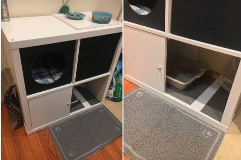 cat litterbox & storage in Ikea Kallax 2x2 #diy Cat Corner In Bedroom, Ikea Mud Room, Laundry Room Organizing, Kallax Shelving, Ikea Eket, Ikea Lack Table, Kat Diy, Cat Corner, Cat Area