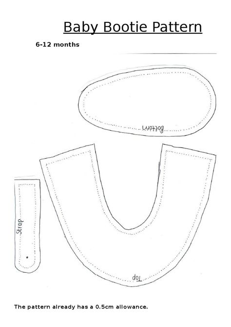 Baby Bootie Pattern 6-12 months The pattern already has a 0.5cm allowance. Here are the average sizes for baby booties (although I realized that people on the internet can’t make up their minds as to what the standard sizing is) They all however agree that the bootie should be 1cm bigger than the baby’s foot. 0-6months: 10.5cm 6-12months: 12.5cm 12-18months: 13.5cm * You can resize the pattern using a photocopy machine/scanner HAVE FUN!! ^-^ Felt Baby Shoes, Baby Shoes Diy, Baby Booties Pattern, Felt Baby, Homemade Baby, Baby Sewing Patterns, Word Doc, Baby Booties, Baby Sewing