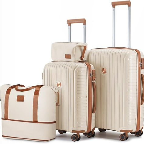 This 4-piece luggage set includes a 20" carry-on, 24" checked luggage, expandable duffel, and toiletry bag, all nestable for easy storage. Features TSA-approved locks, 360° spinning wheels, durable PP material, and adjustable telescopic handles. Practical details include a YKK zipper, side hook, interior mesh pockets, and elastic straps. The set offers convenience with top/side handles and waterproof design. Cheap Everyday Brown Luggage, Functional Brown Luggage With Sleeve, Brown Luggage With Adjustable Strap, Classic Brown Luggage With Zipper Closure, Brown Rectangular Luggage With Detachable Strap, Checked Luggage, Carry On Suitcase, Luggage Sets, Spinning Wheel