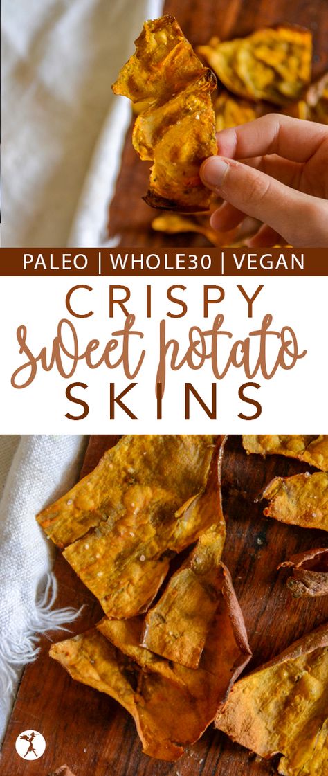 Need a way to use up leftover sweet potato skins? Even if you don't, you'll definitely want to give these crispy sweet potato skins a try! #vegan #paleo #whole30 #dairyfree #glutenfree #sweetpotato #snack Paleo Sweet Potato Recipes, Leftover Sweet Potato, Whole30 Vegan, Whole 30 Snacks, Sweet Potato Skins, Crispy Sweet Potato, Potato Skin, Best Gluten Free Recipes, Primal Recipes