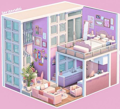 Sims 4 Kawaii House, Sims4 Build Ideas, Sims 4 Loft Bed, Barbie Apartment, Barbie Sims, Sims 4 Apartment, Interior Design Bedroom Teenage, Sims 4 Loft, Houses Sims 4