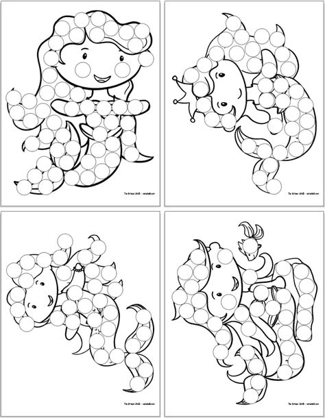 These free printable mermaid dot marker coloring pages are a fun, no-prep activity for toddlers and preschoolers who love mermaids! Click through for 9 free printable mermaid dab it marker pages today! They're great for a quiet time activity, homeschool preschool lesson plan, or even as a no-mess activity for car road trips when you follow a tip in the post. Click through and grab your free printables today! Homeschool preschool | no mess toddler activity | summer activity for preschoolers Mermaid Dot Painting, Mermaid Activities For Toddlers, Mermaid Preschool Craft, Mermaid Crafts For Toddlers, Pirates And Mermaids Activities, Mermaid Theme Preschool, Mermaid Preschool Activities, Mermaid Crafts Preschool, Daycare Inspiration