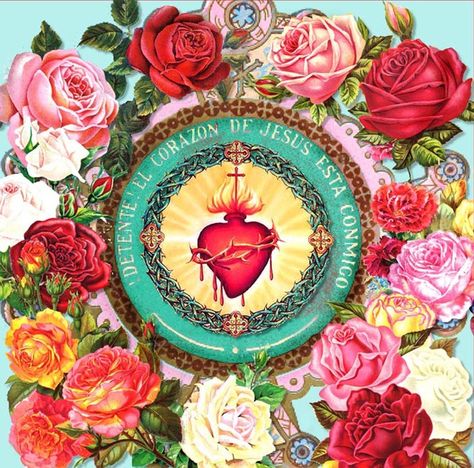 SacredHeartRoses Sacred Heart Art, Kitsch Art, Sacred Hearts, Blessed Mother Mary, Religious Icons, Catholic Art, Arte Popular, Mexican Art, To Heaven