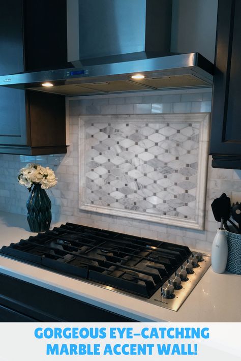 An easy DIY tiled backsplash to accent your walls. Over the stove feature wall Framed Backsplash Over Stove, Tile Pattern Behind Stove, Mosaic Behind Stove, Accent Wall Behind Stove, Picture Frame Tile Over Stove, Tile Over Stove Accent, Stove Wall Backsplash, Backsplash Over Stove, Backsplash Stove Accent