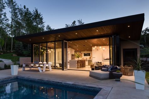 Photo 16 of 16 in This Can-Do Pool House Cleverly Goes From Private to Party Mode from Modern Mountain Pool House - Dwell Mountain Pool, Exterior Stucco, Stucco Siding, Modern Pool House, Pool House Designs, Modern Pool, Best Modern House Design, Casa Country, Metal Siding