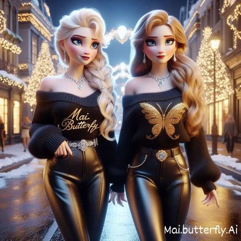 In love with black with the sisters 🖤New collection p.1 ✨🦋 . . . . . . . . . #aiartwork #digitalart #artoftheday #digitaldrawing #fantasy #digitalpainting #fantasyart #disney #disneyworld #disneyprincess #cutegirl #princesselsa #princessanna #frozen Crazy Princess, Realistic Disney Princess, Dark Disney Princess, Black Disney Princess, Disney Swag, Alternative Disney Princesses, Anna Und Elsa, Stylish Prom Dress, Anna Disney