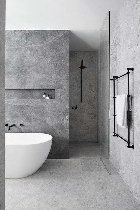 10 Stunning Stone Tile Bathroom Designs That Made Our Editors Do a Double Take | Hunker Drømme Bad, Stone Tile Bathroom, Makeover Kamar Mandi, Dekorere Bad, Minimal Bathroom, Decor Ikea, 카페 인테리어 디자인, Bathroom Tile Designs, غرفة ملابس