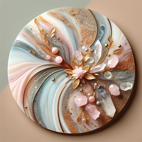 This elegant resin art table is a blend of pastel shades, swirls, and glitter with gold leaf accents. Perfect for the discerning female, it embodies luxury with rose quartz crystals embodying love and healing. A rustic-modern fusion with a glossy finish. #ElegantResinArt #ResinTable #HomeDecor #ArtisticFurniture #FemaleLuxury #GoldLeafAccents Resin Art Table, Resist Art, Ornamental Art, Seni Resin, Marble Resin, Love And Healing, Desain Quilling, Diy Resin Projects, Geode Art