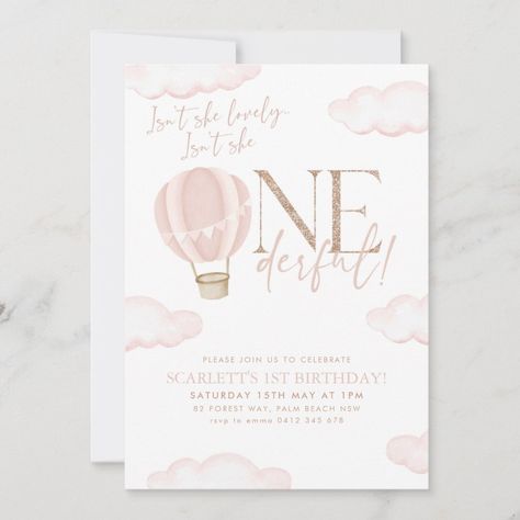 Hot Air Balloon 1st Birthday, Isn't She Onederful, Air Balloon Invitation, Balloon Birthday Themes, Hot Air Balloon Invitation, Pink Hot Air Balloon, Onederful Birthday, Invitation 1st Birthday, Hot Air Balloon Party