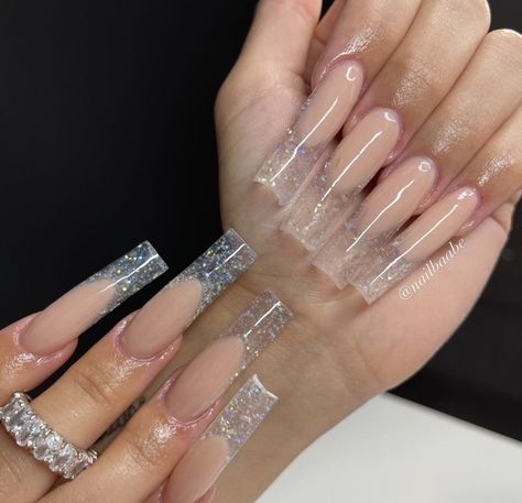 Clear Square Acrylic Nails, Pink Clear Acrylic Nails, Clear Acrylic Nails With Design, Clear Glitter Nails, Clear Acrylic Nails, Tapered Square Nails, Amazing Nails, Basic Nails, Cute Acrylic Nail Designs