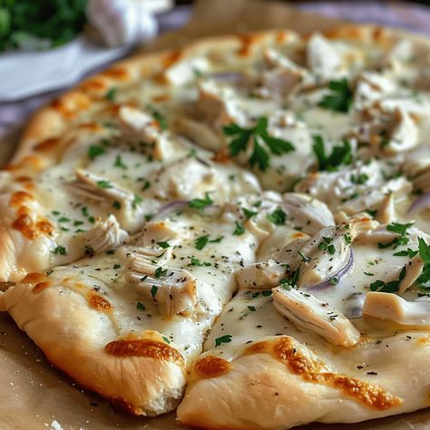 Rotisserie Chicken Pizza, Rotisserie Chicken Pizza Recipes, Chicken Garlic Pizza, Pizza Chicken, Homemade Pizza With Chicken, Chicken White Sauce Pizza, Garlic Chicken Pizza Recipes White Sauce, Roasted Garlic White Chicken Pizza, White Chicken Pizza