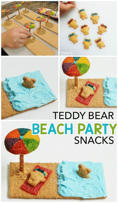 Teddy Graham Beach, Beach Party Snacks, Ocean Theme Snacks, Graham Cracker Snacks, Beach Crafts For Kids, Beach Treats, Summer Kids Party, Theme Snack, Daughter Activities