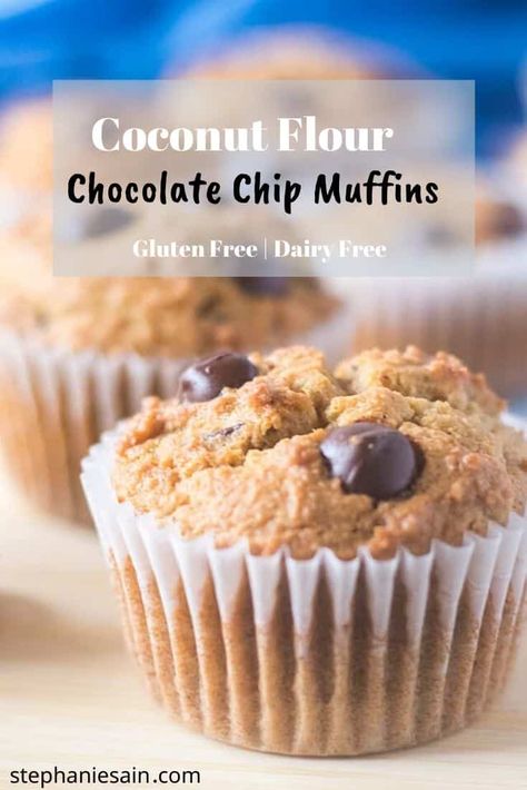 These Coconut Flour Chocolate Chip muffins are healthy, moist, tender muffins loaded with chocolate chips. Perfect for a grab & go breakfast or snack. #Gluten Free#Dairy Free #healthysweettreats Paleo Chocolate Chip Muffins, Gluten Free Chocolate Chip Muffins, Gluten Free Dairy Free Muffins, Coconut Flour Muffins, Keto Bread Recipes, Keto Bread Recipe, 90 Second Keto Bread, Coconut Flour Bread, Sugar Bread