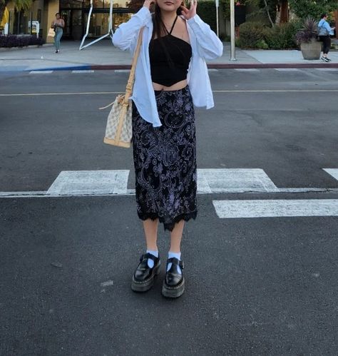 midi skirt thrifted outfit idea Midi Skirt Outfit Y2k Aesthetic, Black Midi Skirt Aesthetic, 2000s Midi Skirt Outfit, Black Floral Midi Skirt Outfit, Black Flower Skirt Outfit, How To Style Midi Skirts, How To Style A Midi Skirt, 90s Midi Skirt Outfit, 90s Skirt Outfits