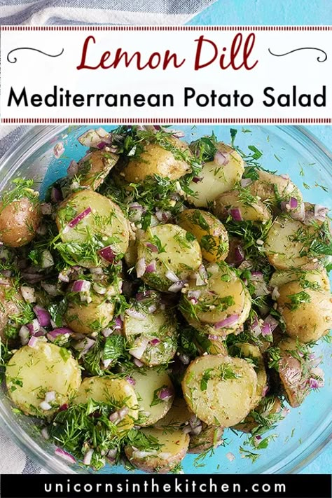 Potato Salad Mediterranean, Salad With Potatoes Healthy, Mediterranean Potato Salad Recipes, Mediterranean Diet Potato Salad, Greek Potatoes Salad, Mediterranean Potato Soup, Greek Potato Salad No Mayo, New Potato Salad Recipe, Olive Side Dishes