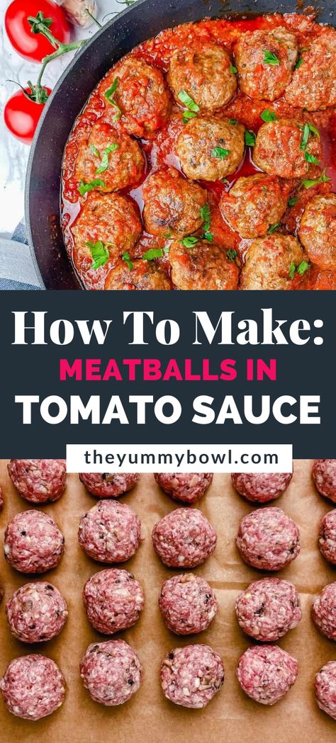 EASY MEATBALLS IN TOMATO SAUCE Ground Beef And Tomato Sauce Recipes, Meatballs And Tomato Sauce, Cook Meatballs In Sauce, Meatballs Cooked In Sauce, Cooking Meatballs In Sauce, Pasta Sauce Ground Beef, Homemade Italian Tomato Sauce, Homemade Meatballs Crockpot, Easy Meatballs Recipe