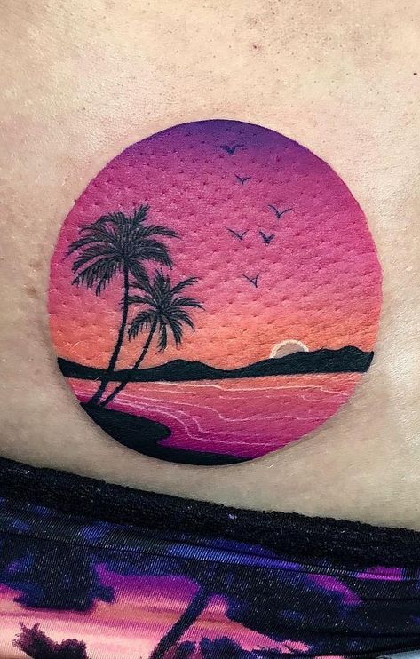 Beach Landscape Tattoo, Nature Landscape Tattoo, Sunset Tattoo Color, Tropisches Tattoo, Tropical Tattoo, Island Tattoo, Tattoo Tree, Tattoo Beautiful, Sunset Tattoos