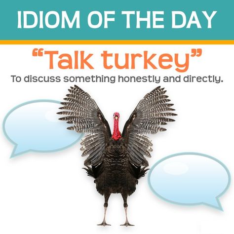 "talk turkey" Love Idioms, English Transition Words, New Vocabulary Words, English Phrases Idioms, Idioms And Phrases, English Learning Spoken, Conversational English, English Vocab, English Verbs