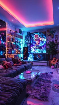 Dark Neon Room, Led Apartment, Cyberpunk Room Ideas, Cyberpunk Living Room, Neon Living Room, Cyberpunk Home, Cyberpunk House, Chill Room Ideas, Lofted Cabin