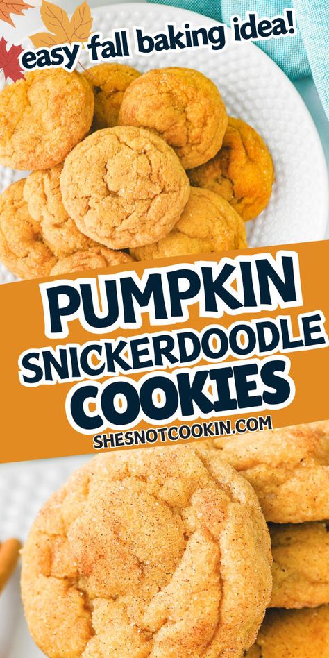 Easy pumpkin snickerdoodle cookies on a white plate. Fall Bake Sale Ideas Easy, Pumpkin Cake Balls, Fundraiser Bake Sale, Bake Sale Ideas, Fall Bake Sale, Snickerdoodles Recipe, Bake Sale Treats, Pumpkin Snickerdoodles, No Bake Pumpkin Pie