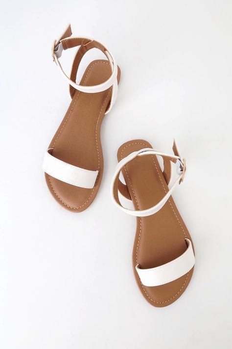 Hauna White Ankle-Strap Sandals Strap Sandals Flat, Pretty Sandals, Fashion Shoes Sandals, Ankle Strap Sandals Heels, Womens Summer Shoes, Sandal Heels, Leather Slide Sandals, Cute Sandals, White Sandals