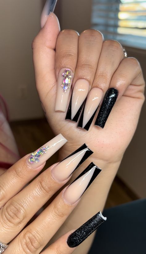 Black V Tip Acrylic Nails, Black V Tip Nails, Black And Nude Nails, Long Acrylic Nail Designs, Beige Nails, Long Acrylic, Tip Nails, Prom Nails, French Tip Nails