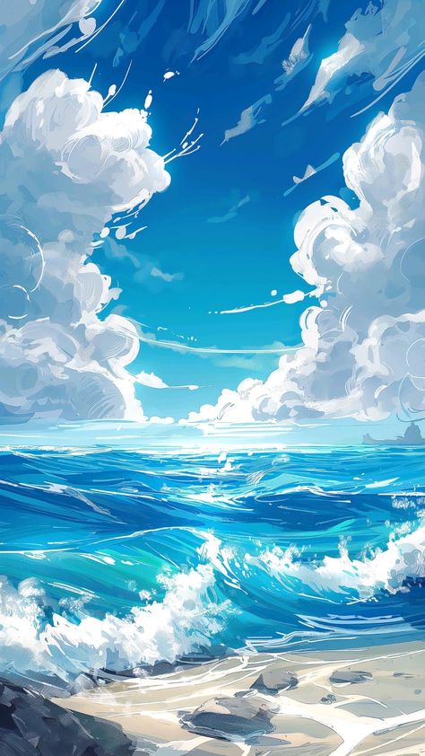 Anime Ocean Wallpaper, Sea Water Wallpaper, Blue Sky Drawing, Ocean Anime, Night Sky Illustration, Mar Anime, Sunset Canvas Painting, Cool Pictures For Wallpaper, Dreamy Artwork