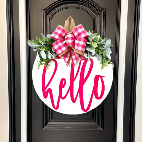 Summer Wreaths For Front Door, Door Plaque, Summer Door Hanger, Wooden Welcome Signs, Pink Door, Wreath Rustic, Door Plaques, Year Round Wreath, Rustic Doors