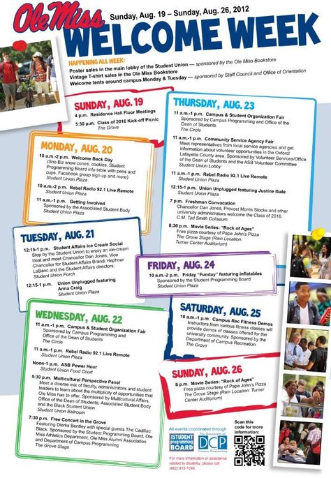 Cute/fun poster layout for calendar of activities for my booster club Orientation Week Activities College, College Orientation Ideas, University Activities Ideas, Student Orientation Ideas, College Magazine Ideas, College Welcome Week Ideas, Welcome Week College Events, College Activities Events Student Fun, Student Activities College Events