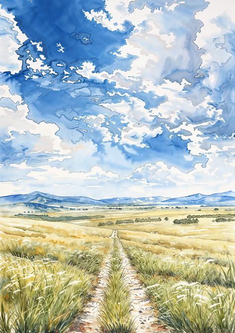 Wander down a path through golden fields beneath a vast and expressive sky in this inviting watercolor landscape. Sky Pictures Drawing, Watercolor Paintings Landscape Beautiful, Watercolor Art Sky, Watercolour Sky, Path Painting, Watercolor Field, Sky Watercolor, Golden Field, Golden Fields