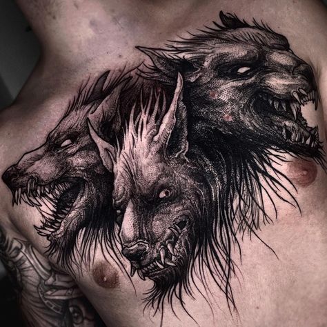 Cerberus Chest Tattoo, Cerebus Dog Tattoo, Tom Tattoo, Tattoo Perro, Cerberus Tattoo, Werewolf Tattoo, Chest Piece, Avatar Aang, Dog Tattoo