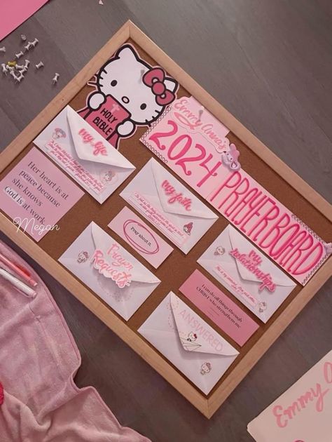 Hello Kitty Vision Board, Digital Prayer Board, Prayer Board Ideas Pink, Pink Bedroom Decor Girly, Pink Prayer Board, Pink Vision Board Ideas, Prayer Journal Aesthetic, Bible Board Ideas, Christian Board Ideas