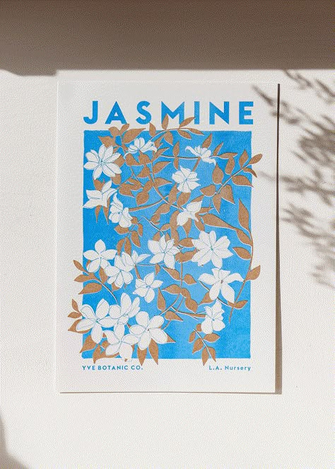 A Jasmine flower Risograph print in cornflower blue and metallic gold plant based ink. Jasmine is a relative of the Olive family and is famed for it's star shaped flowers and highly perfumed scent. This riso print is part of our L.A. Nursery collection. Paper stock: Accent Recycled 300 gsm Sizes: A4: 21 x 29.7 cm A3: 29.7 x 42 cm Yve Seed Co. Yve Botanic Co. L.A. Nursery This riso print is available unframed. Illustrator Flowers Graphic Design, Jasmine Flower Drawing Art, Riso Graphic Design, Risograph Aesthetic, Jasmine Flower Illustration, Riso Illustration, Riso Art, Risograph Design, Letterpress Paper