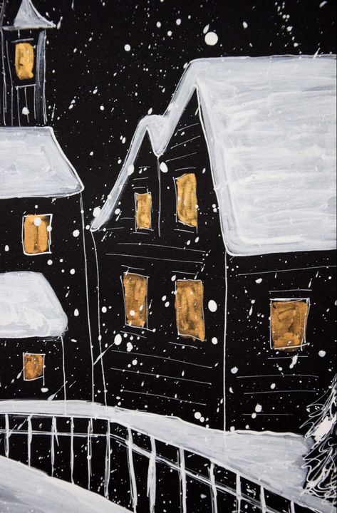 Christmas Village Painting, Village Painting, Art Lessons Middle School, Winter Art Projects, Elementary Art Projects, House Quilts, Winter Painting, Snowy Winter, Mom Art