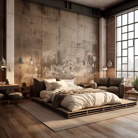 Industrial Bedrooms, Urban Industrial Bedroom, Loft Apartment Bedroom, New York Bedroom, Brick Living Room, Industrial Bedroom Design, Bedroom With Balcony, Mens Bedroom Decor, Cottagecore Living