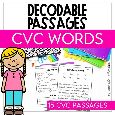 CVC Decodable Passages Cvc Stories, Cvc Fluency, Cvc Phonics, Decodable Passages, Decoding Words, Small Group Reading, Fluency Practice, Reading Comprehension Questions, Reading Comprehension Passages