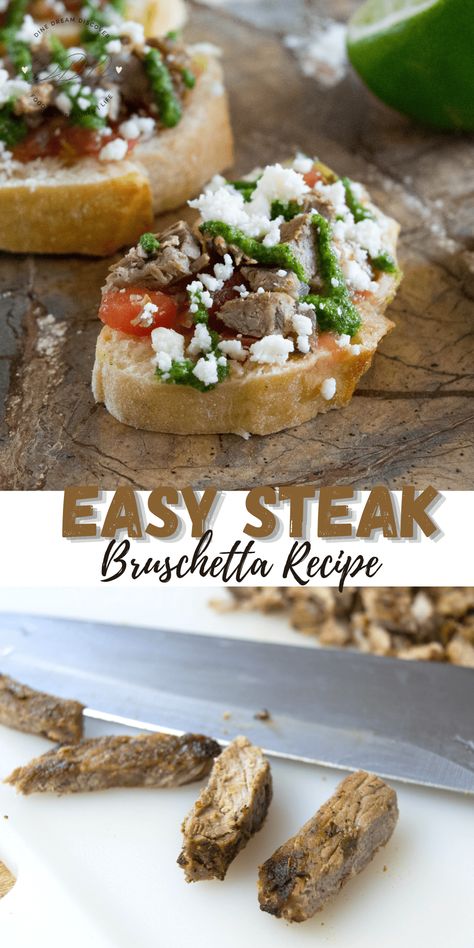 Easy Steak Bruschetta Recipe - DINE DREAM DISCOVER Onion Bruschetta, Steak Bruschetta, Crostini Toppings, Cheese Spinach, Easy Steak, Bruschetta Recipe, Marinated Steak, Chimichurri Sauce, Finger Food Appetizers