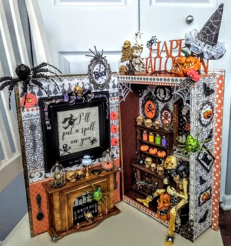 Halloween Diorama Ideas, Halloween Diaroma Ideas, Halloween Diaroma, Diy Haunted Dollhouse Halloween Miniatures, Dollar Tree Doll House Halloween, Upcycle Dollhouse Halloween, Halloween Haunted House Diy, Diy Minatures Halloween, Spooky Miniature Scenes