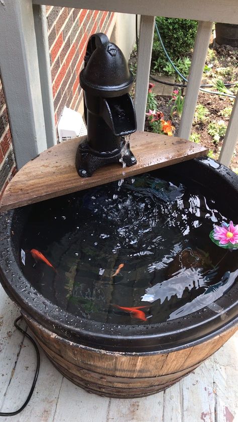 Whiskey Barrel Water Fountain, Whiskey Barrel Pond, Whiskey Barrel Water Feature, Barrel Fountain Ideas, Barrel Water Feature, Whiskey Barrel Fountain, Barrel Pond, Diy Whiskey Barrel, Outdoor Fish Tank