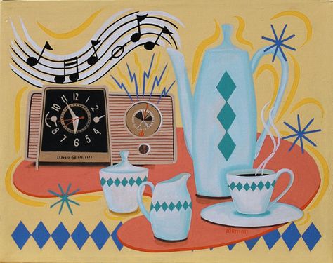 Illustration House, Art Mid Century Modern, Mid Century Illustration, Modern Illustration, Morning Morning, Mid Century Modern Living, Clock Radio, Greensboro Nc, Modern Cross Stitch Patterns