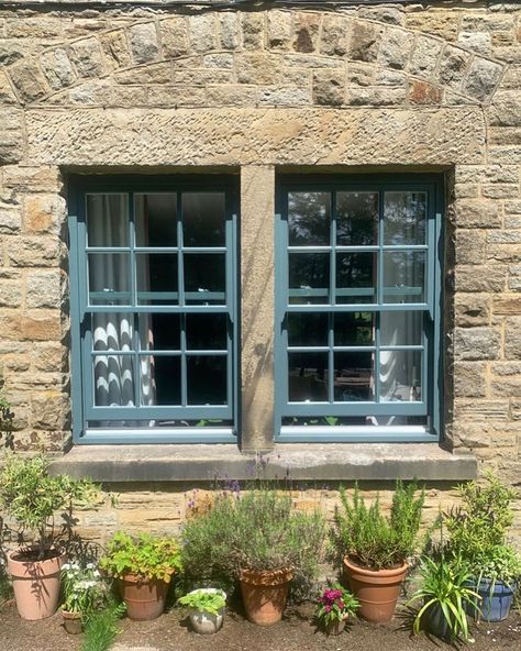 Teal painted sliding sash windows in a stone property Terrace Window, Wooden Sash Windows, Inchyra Blue, Sash Window, Blue Window, Carpentry And Joinery, Date Photo, Timber Windows, Wooden Windows