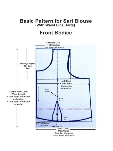 Basic Pattern for Sari Blouse With Waist Line Darts - Front Bodice Basic Blouse Pattern, Pattern Drafting Tutorials, Princess Cut Blouse, Sewing Measurements, Sewing Blouses, Basic Pattern, Princess Line, Bodice Pattern, Waist Line