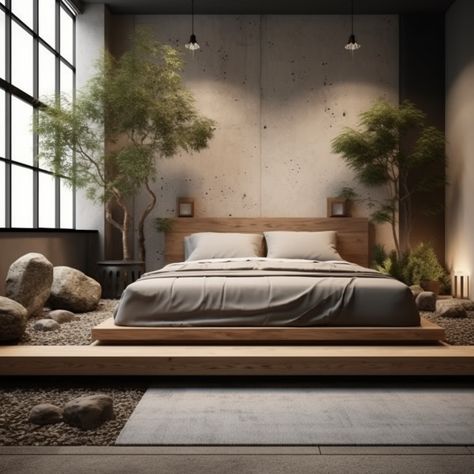 Wabi Sabi Beds, Modern Earthy Bedroom Decor, Modern Low Bed, Bedroom Zen Style, Zen Modern Bedroom, Japanese Bed Design, Wabi Sabi Interior Design Bedrooms, Zen Home Decor Japanese Style, Wabi Sabi Indoor Plants