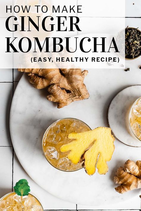 With its sweet, tart flavor and spicy edge, this ginger kombucha recipe is always a favorite. It's easy to make, and a great way to give a little life to your own homemade kombucha. It's easy to do, and similar in flavor to classic ginger beer - only with a decidedly tart finish. Ginger Kombucha Recipe, Ginger Kombucha, Homemade Kombucha, Kombucha Recipe, Fermentation Recipes, Infused Water Recipes, Going Vegetarian, Fermented Drink, Probiotic Foods