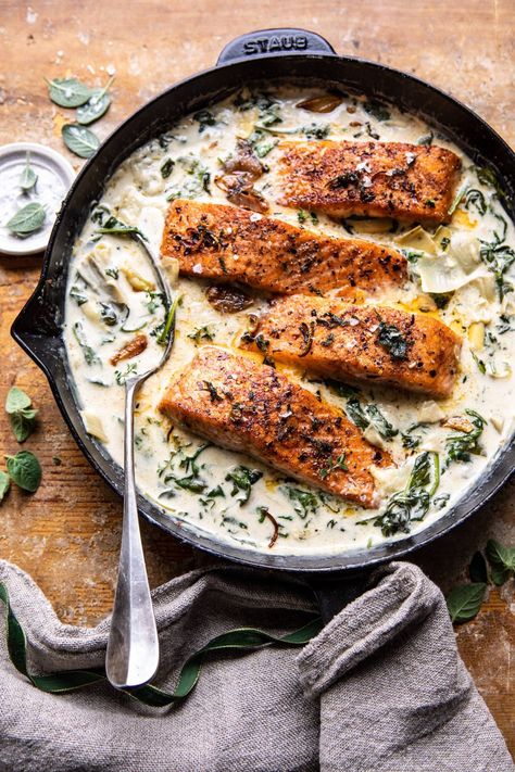 Creamy Spinach and Artichoke Salmon | halfbakedharvest.com #salmon #garlicbutter #easyrecipes Artichoke Salmon, Half Baked Harvest Recipes, Work Recipes, Soups Recipes, Tomato Chicken, Fish Ideas, Christmas Delights, Harvest Recipes, Creamy Spinach