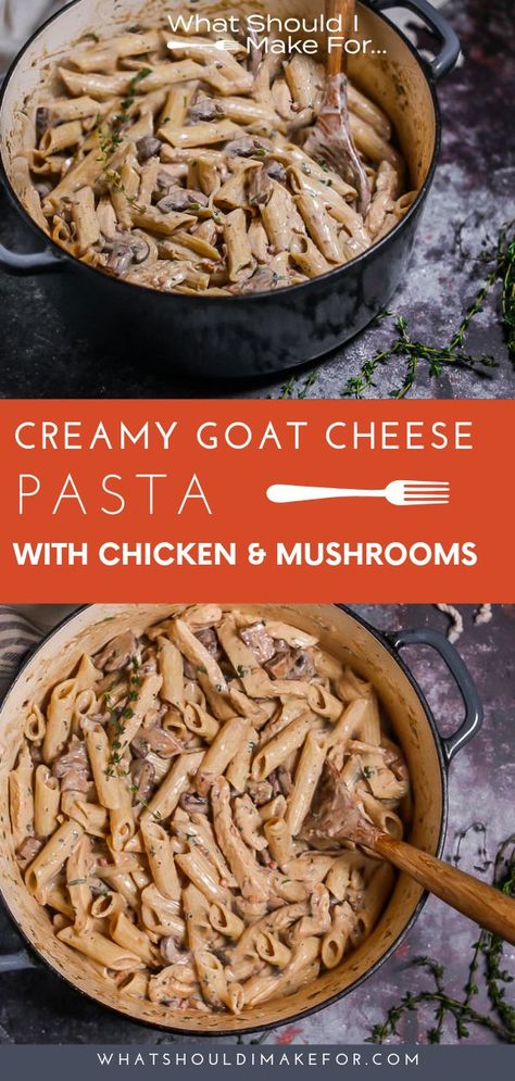 One pot, weeknight dinners have never been easier (or more delicious). Creamy goat cheese pasta with chicken and mushrooms brings the tangy, the creamy, the hearty, and the so, so, tasty! This easy sauce is so good you'll want to eat it with a spoon!  #whatshouldimakefor #pastalove #pastarecipe #weeknightdinner #dinnertonight #goatcheesepasta Pasta With Chicken And Mushrooms, Creamy Goat Cheese Pasta, Chicken And Mushrooms, Pasta With Chicken, Goat Cheese Pasta, Creamy Goat Cheese, Healthy Family Dinners, Quick Appetizers, Sausage Pasta