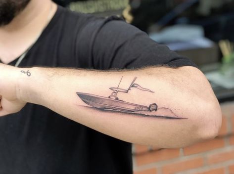 Memorial fishing boat tattoo Bass Boat Tattoo, Boat Tattoo Design, Boat Arm Tattoo, Boat Tattoo Men, Fishing Boat Tattoo For Women, Small Fishing Tattoos For Men, Boating Tattoo Ideas, Speed Boat Tattoo, Man Fishing Tattoo