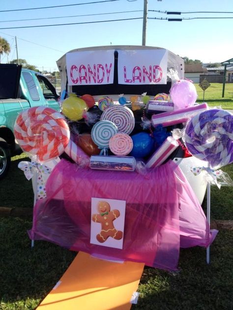 This is how my Trunk or Treat Candyland Turned out! - Pool Noodles for the Lollipops & hard candy, just taped with white duct tape from BigLots & stuck on mop handles from the Dollar Store. Balloons wrapped in cellophane wrap from the Dollar Store. Candy Land Truck Or Treat Ideas, Candy Shop Trunk Or Treat Ideas, Trunk Or Treat Nascar, Candy Theme Trunk Or Treat, Candyland Trunk Or Treat Ideas For Cars, Trunk Or Treat Candyland, Candy Land Trunk Or Treat Ideas Diy, Candyland Trunk Or Treat Truck, Candy Lane Trunk Or Treat